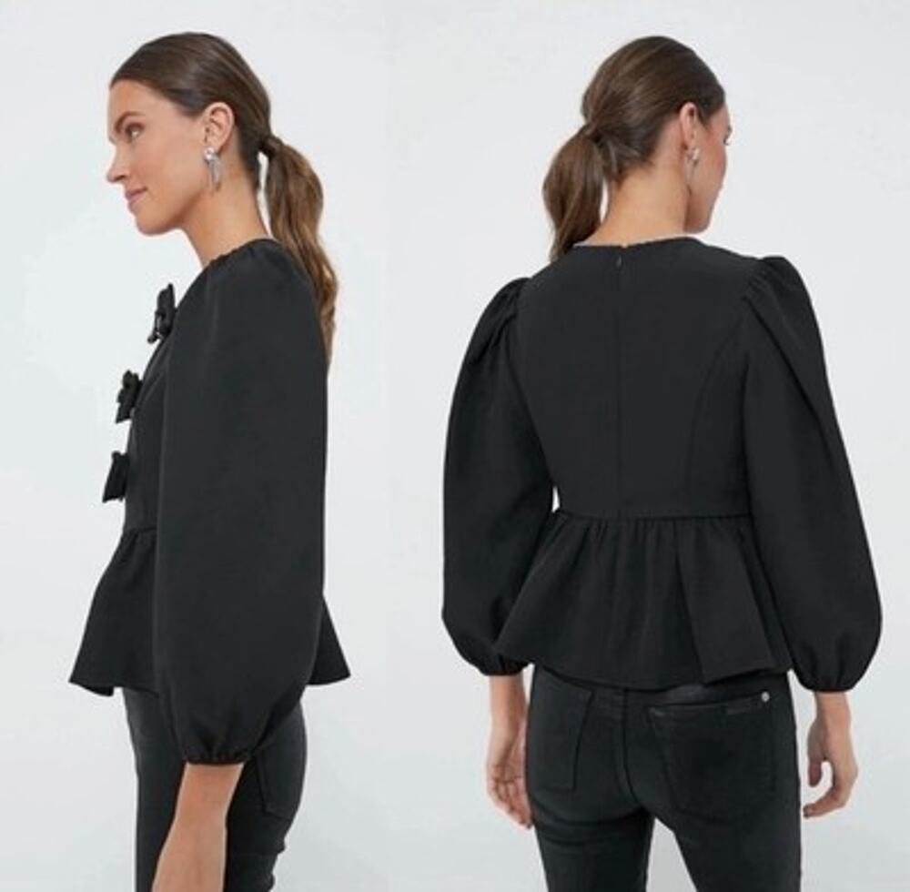 Tuckernuck Hyacinth House Blair Rhinestone Bow Peplum Blouse Black Small